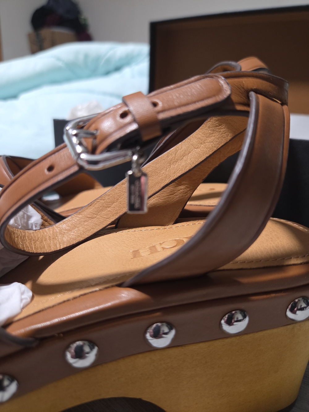 Coach Brown Leather Studded Platform Sandals - Picture 4 of 6